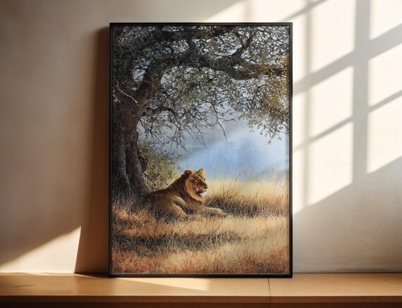 Lion Resting Under Tree Golden Savanna Watercolor Wildlife Poster