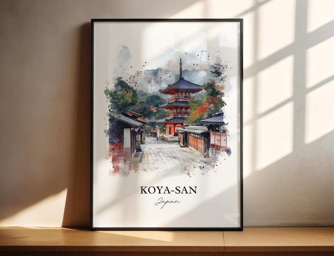 Koya-San Japan Watercolor Buddhist Temple Pagoda Street Poster