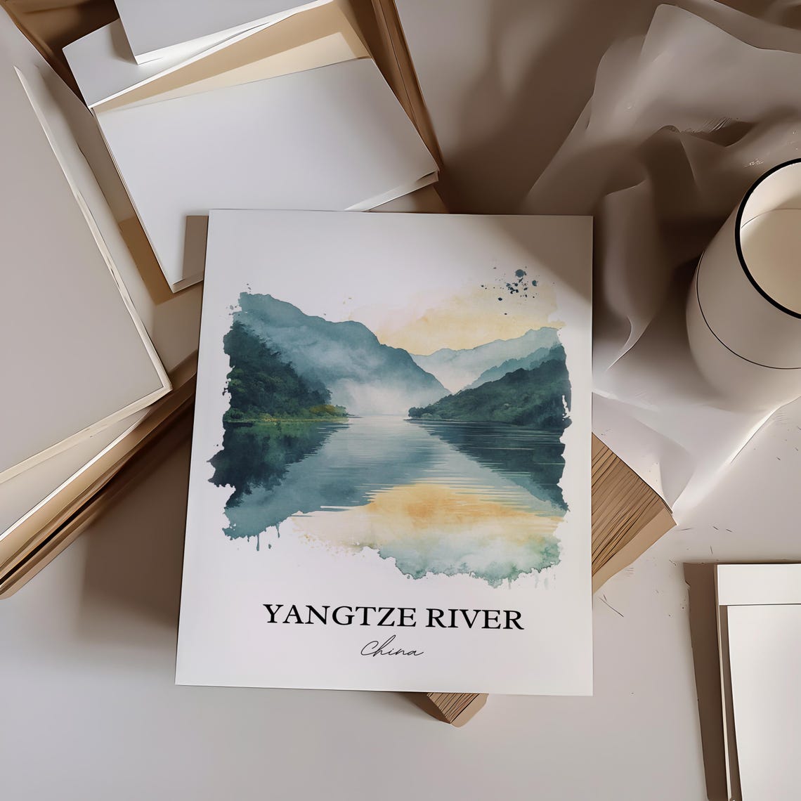 Yangtze River China Watercolor Misty Gorge River Landscape Art Print - Image 2