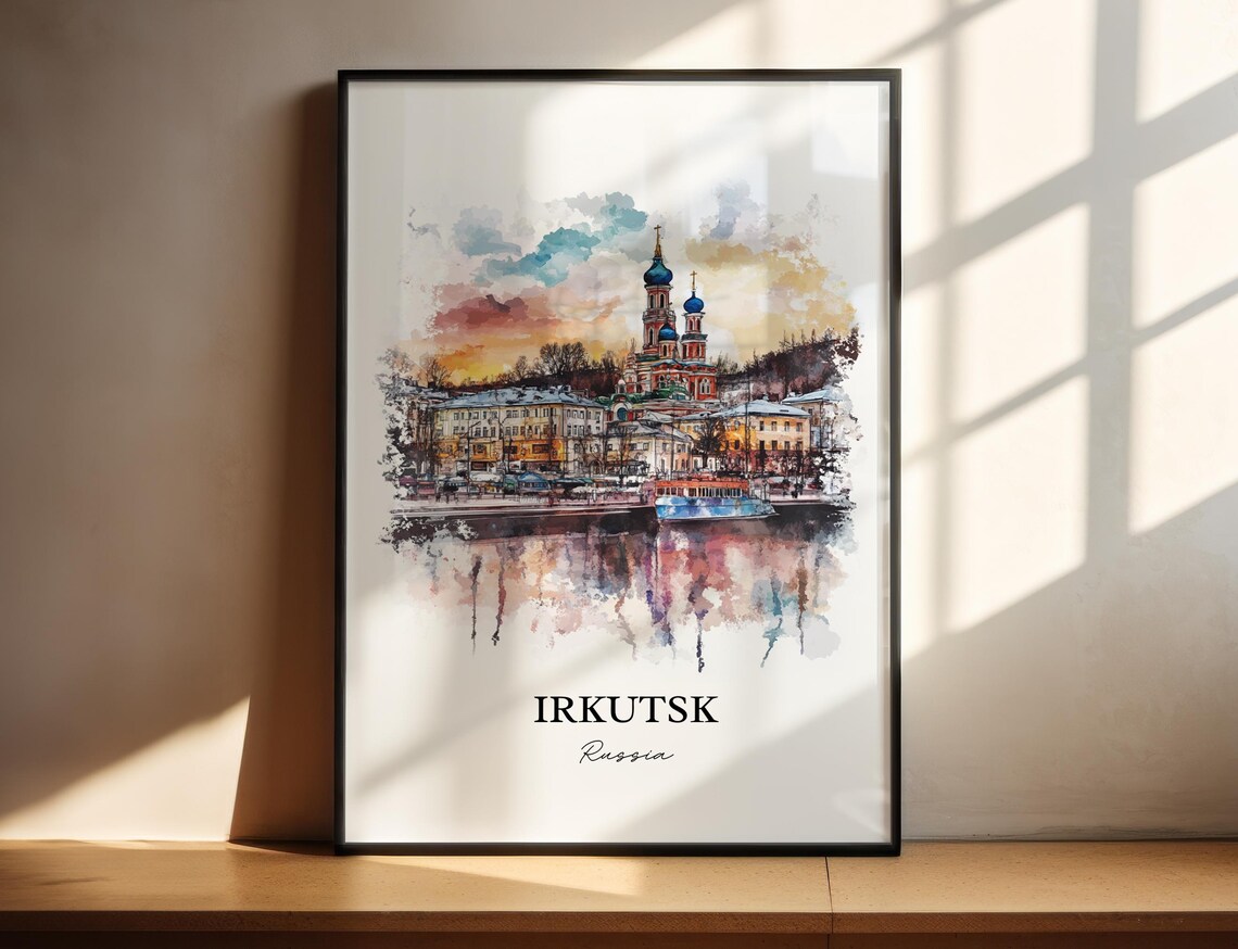 Irkutsk Russia Blue Domed Church by the River Watercolor Poster