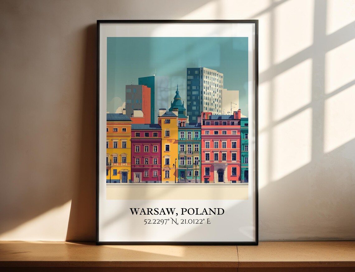Warsaw Poland Retro Old Town Row Houses Vintage Travel Decor Poster