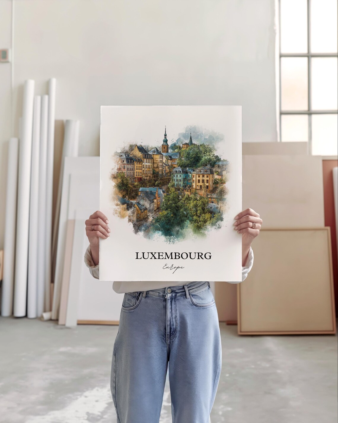 Luxembourg Old City Hillside Watercolor Europe Travel Poster - Image 4