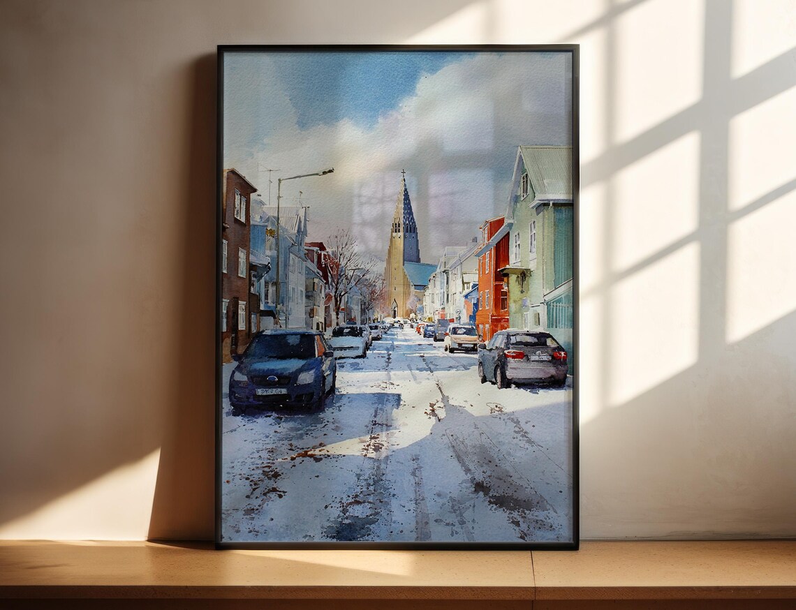 Reykjavik Iceland Snowy Winter Street Church Watercolor Travel Poster