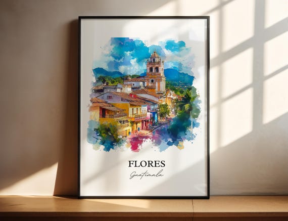 Flores Guatemala Wall Art Petn Region Print Watercolor Gift Travel Poster Housewarming