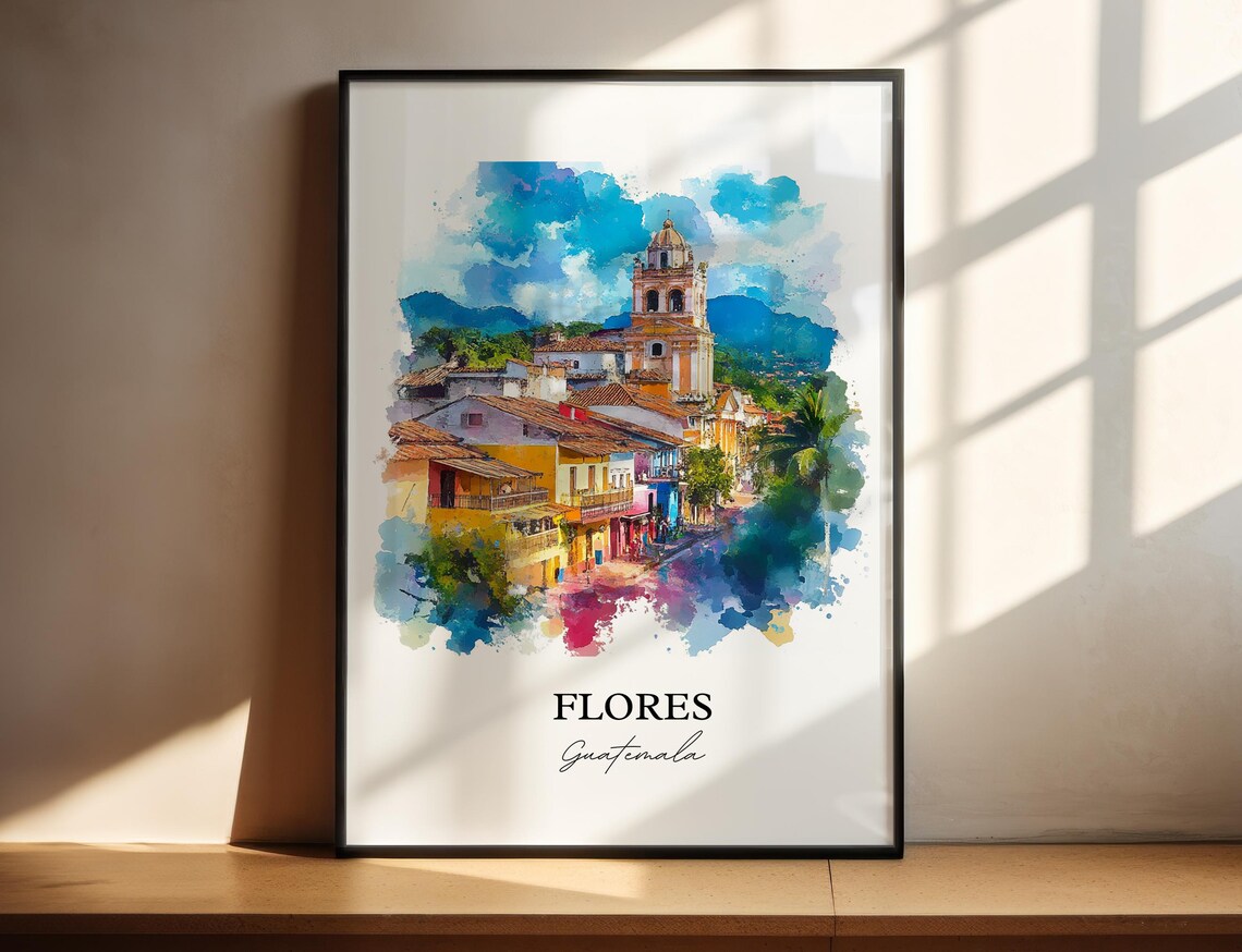 Flores Guatemala Island Town Church Tower Watercolor Island Poster