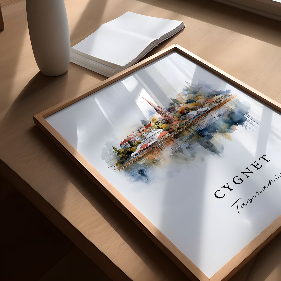 Cygnet Tasmania Harbor Town Church Spire Watercolor Travel Print - Image 5