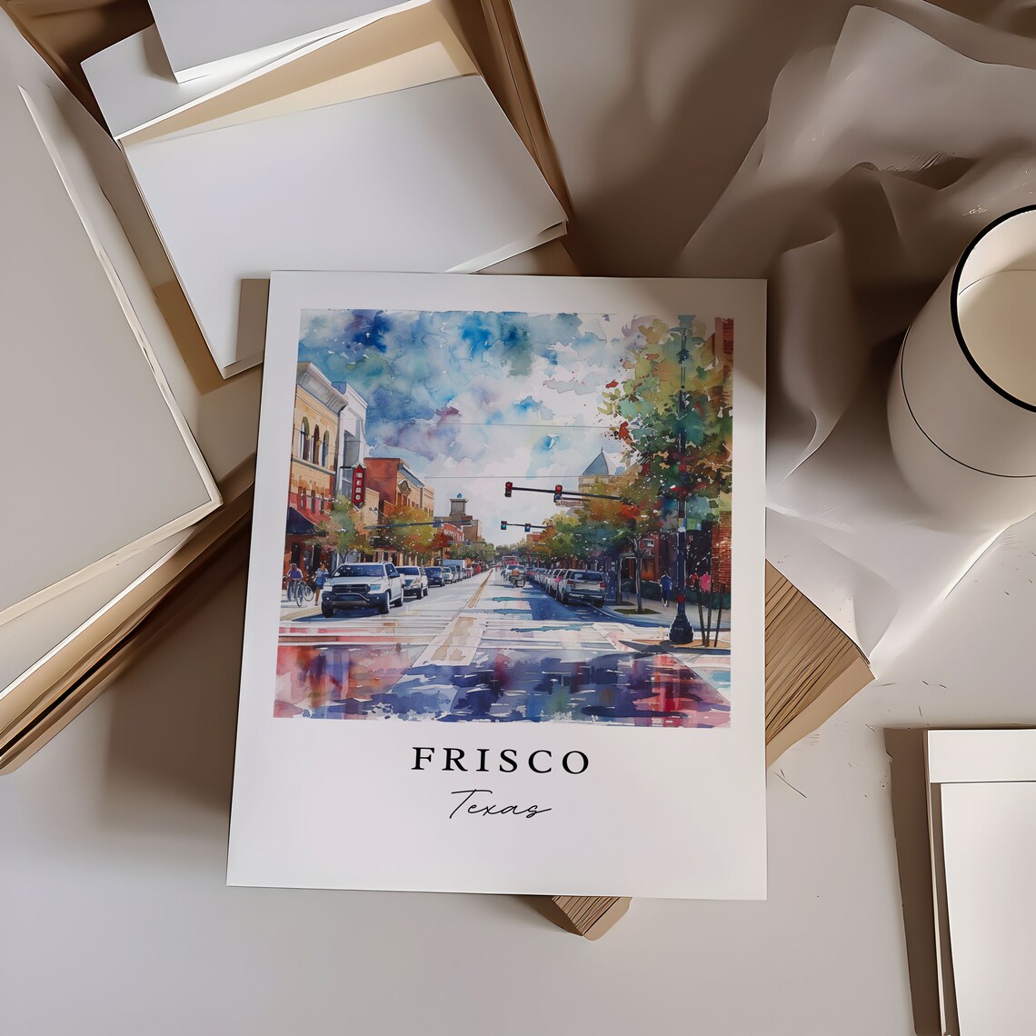 Frisco Texas Watercolor Downtown Street Scene Urban Travel Poster - Image 4