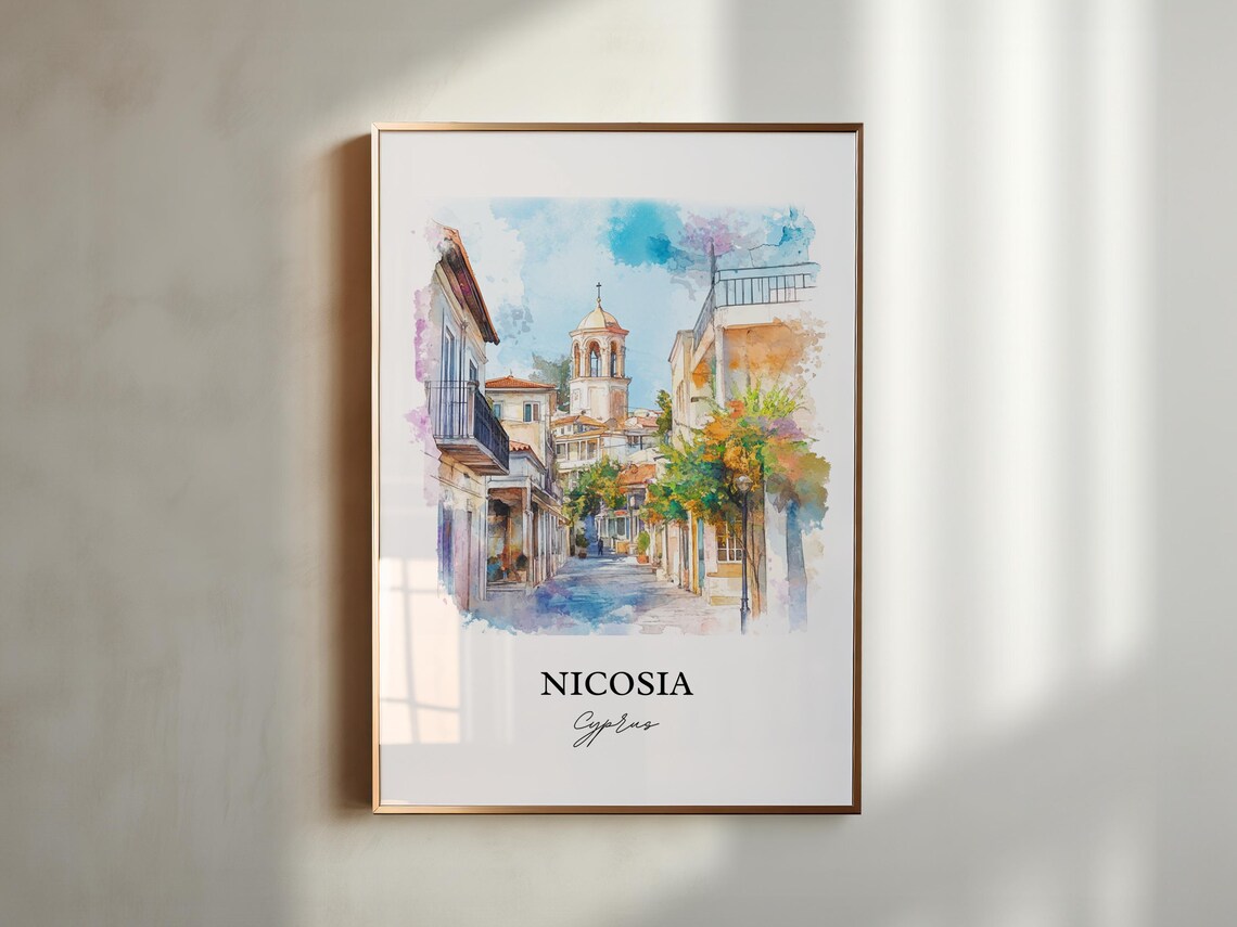 Nicosia Cyprus Old Town Street Bell Tower Watercolor Travel Poster - Image 2