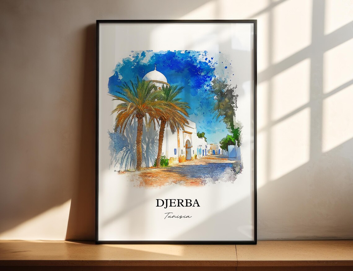 Djerba Tunisia White Mosque Palm Trees Watercolor Travel Poster