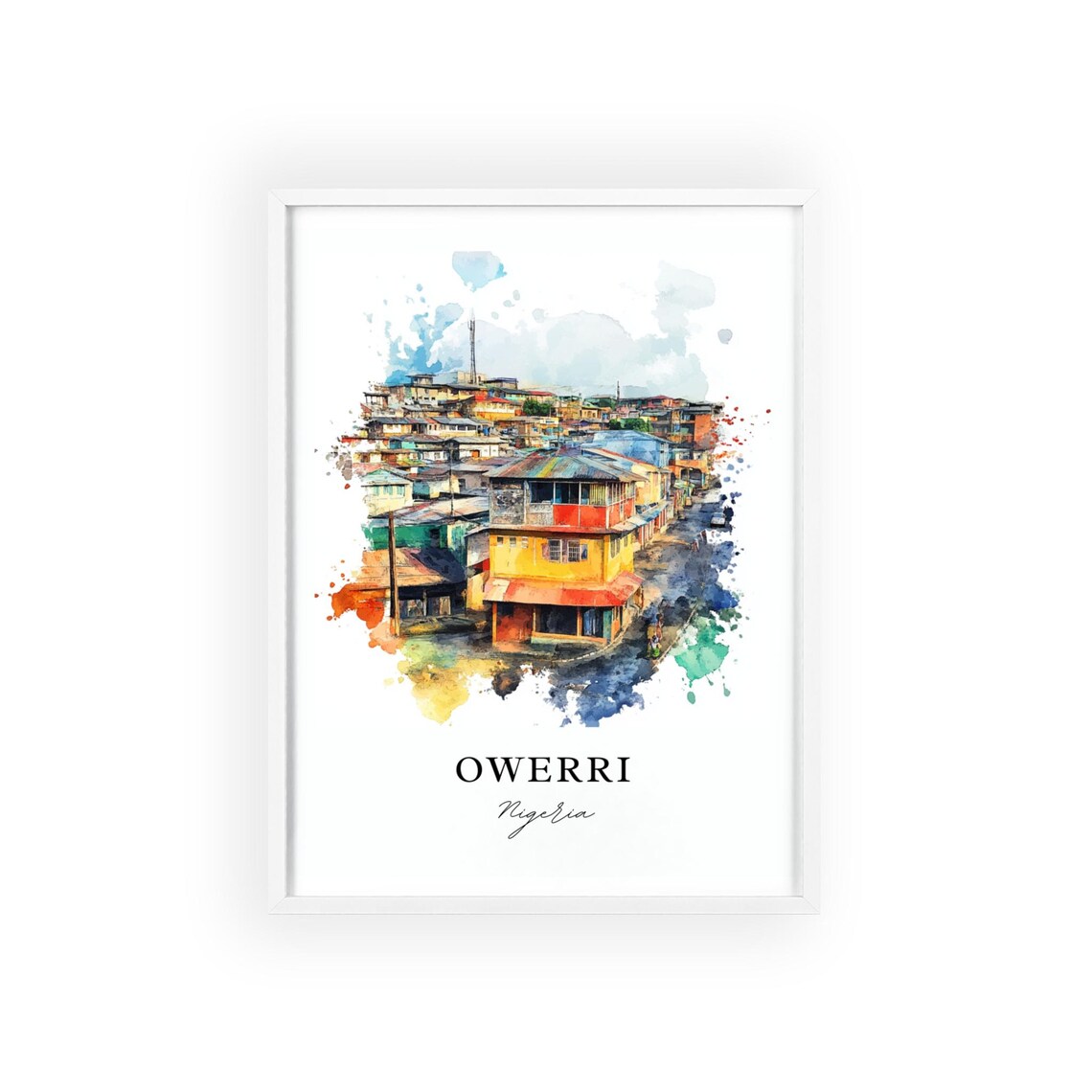 Owerri Nigeria Colorful Streetscape Watercolor Travel Poster - Image 3