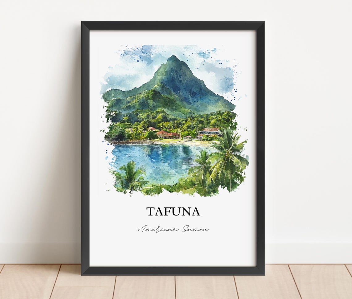 Tafuna American Samoa Tropical Coast Mountain Watercolor Art Poster - Image 4