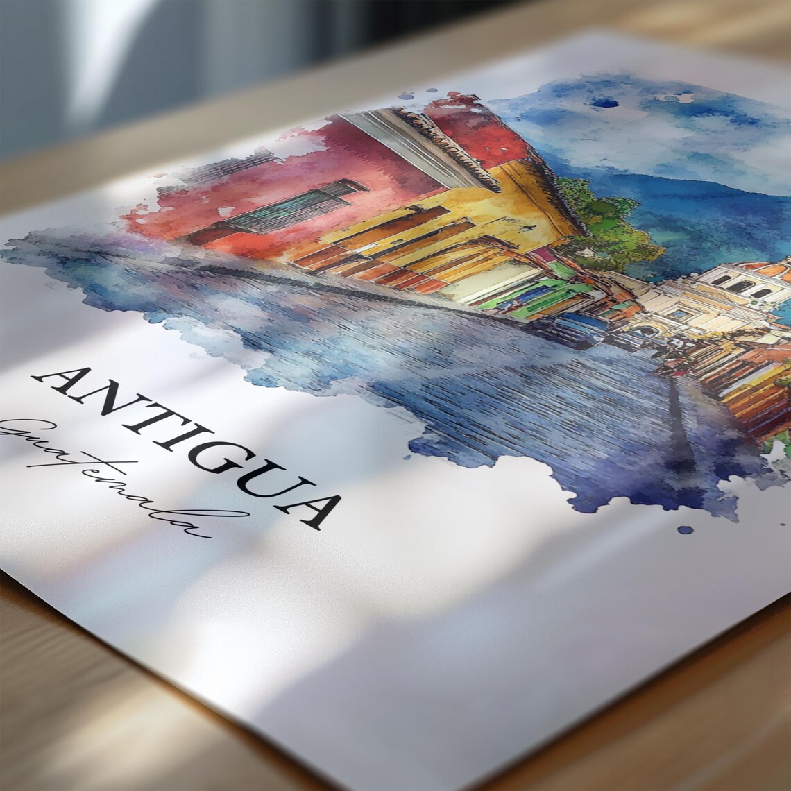 Antigua Guatemala Colonial Street Agua Volcano Watercolor Poster - Image 6