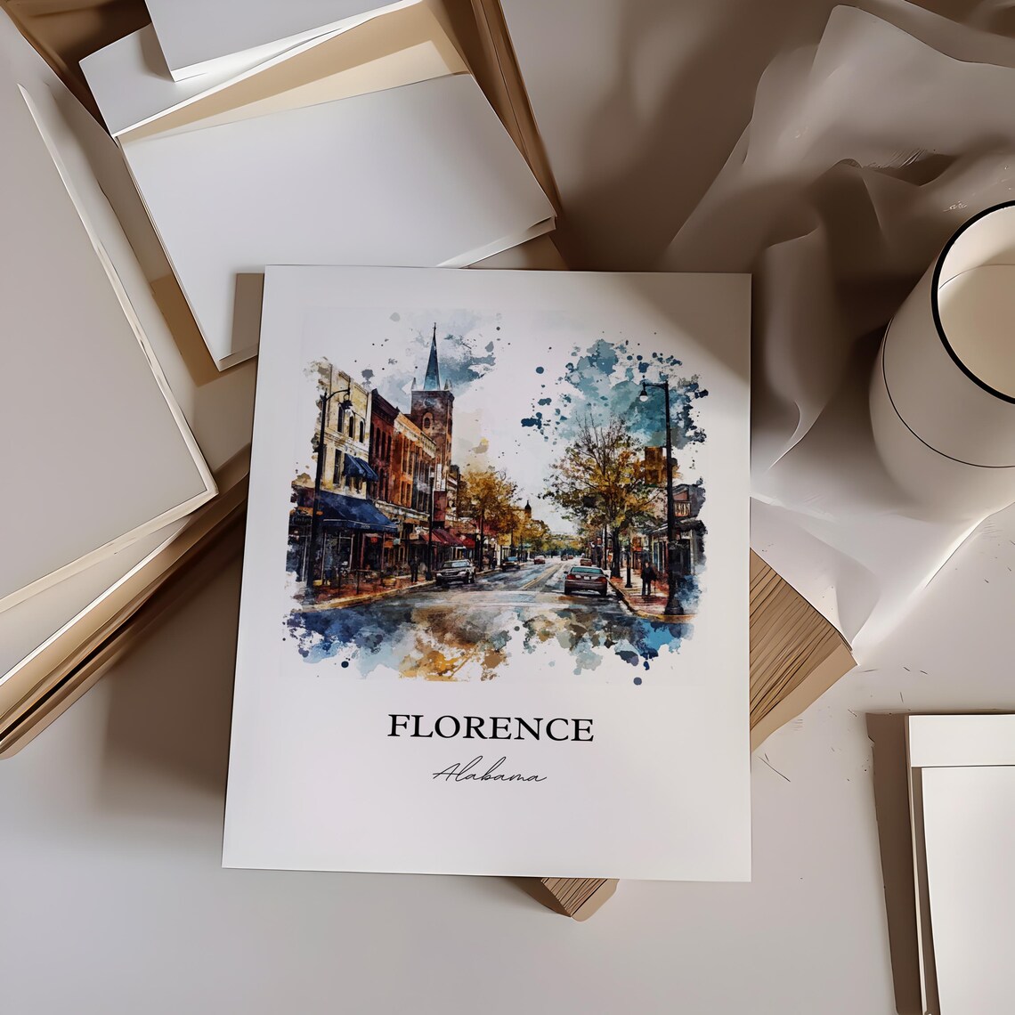 Florence Alabama Downtown Streetscape Church Steeple Watercolor Poster - Image 5