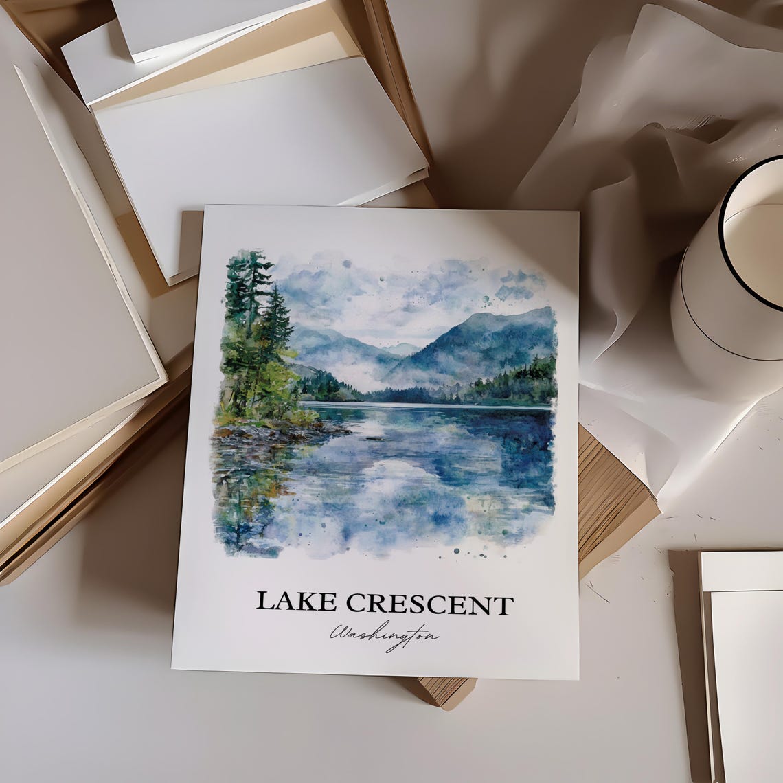 Lake Crescent Washington Watercolor Mirror Lake Scene Art Poster - Image 4