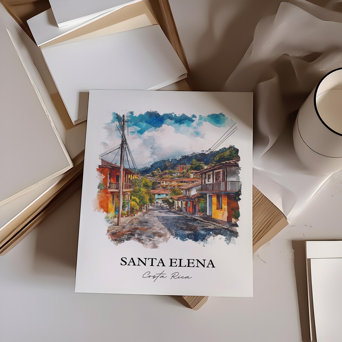 Santa Elena Costa Rica Street Scene Watercolor Travel Poster - Image 3