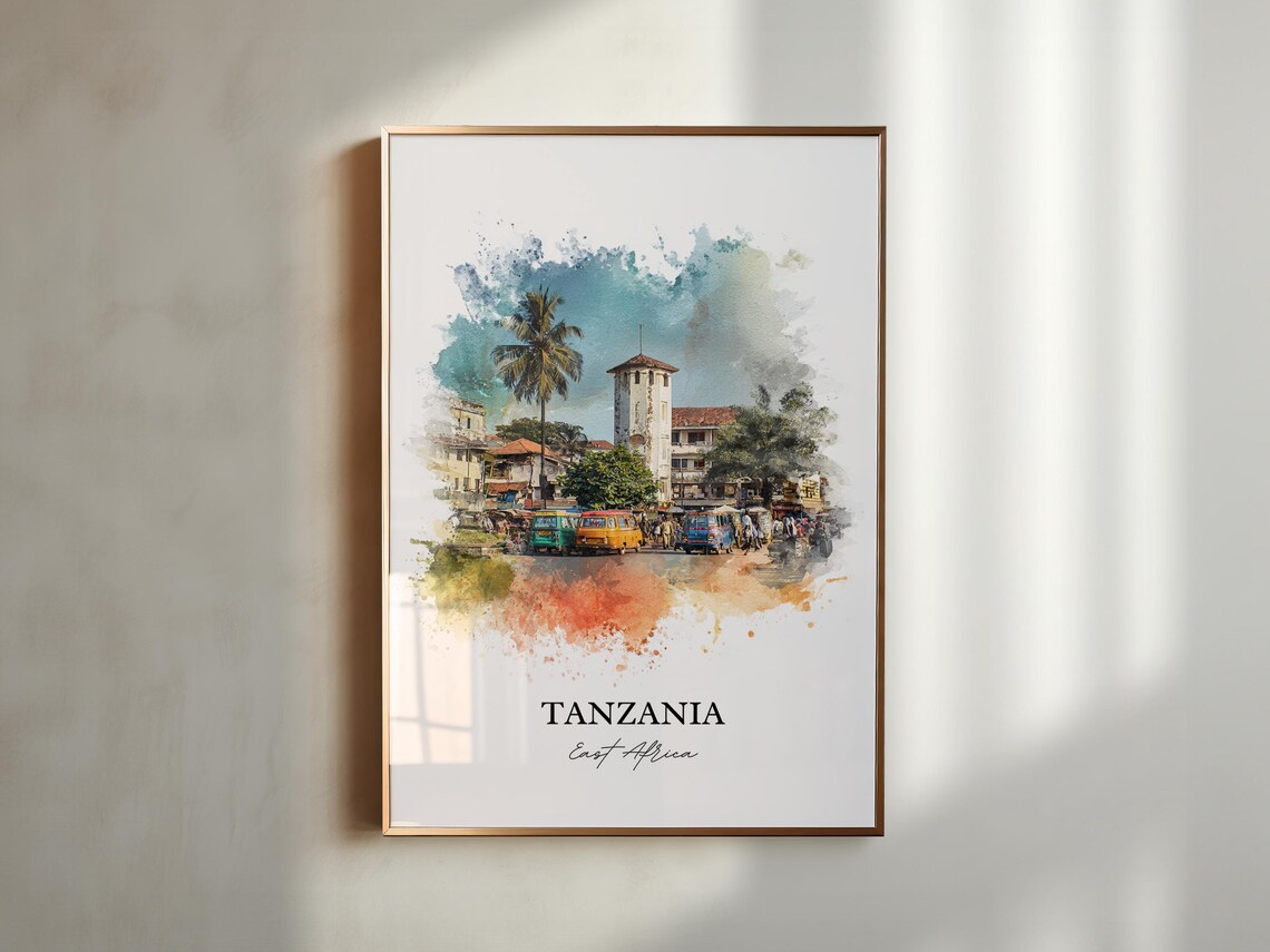 Tanzania East Africa Town Square Busy Watercolor Travel Poster - Image 5