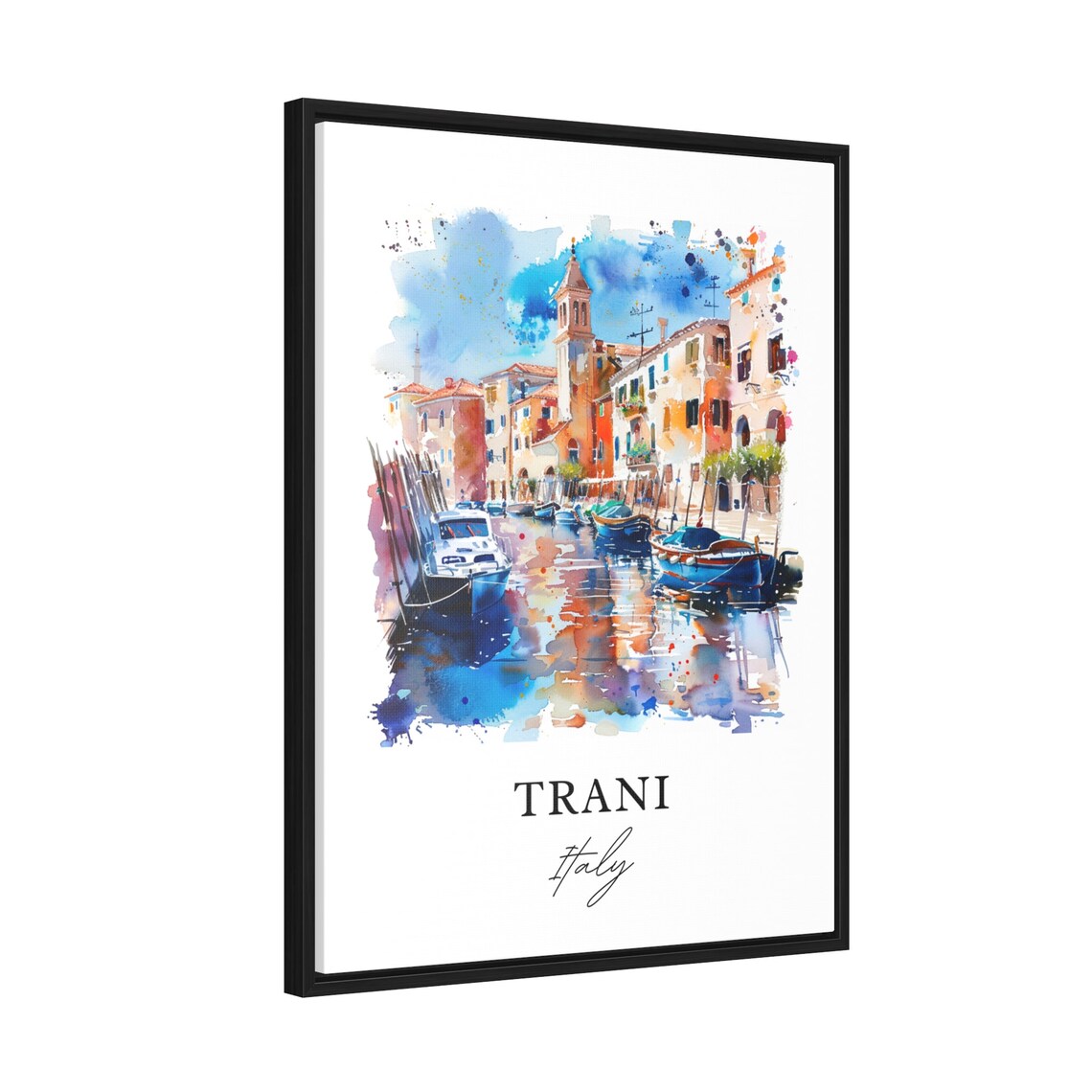 Trani Italy Apulia Harbor Boats Watercolor Coastal Town Poster - Image 2