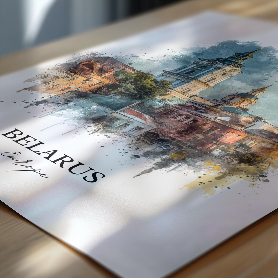 Belarus Europe Historic Old Town Church Tower Watercolor Poster - Image 6