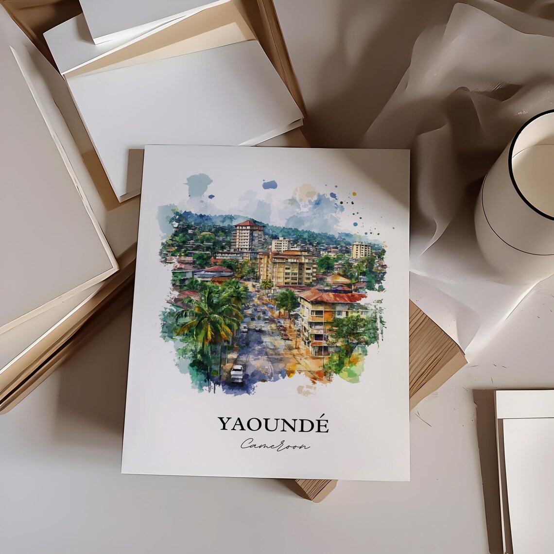 Yaounde Cameroon African Watercolor City Street Palms Poster - Image 3