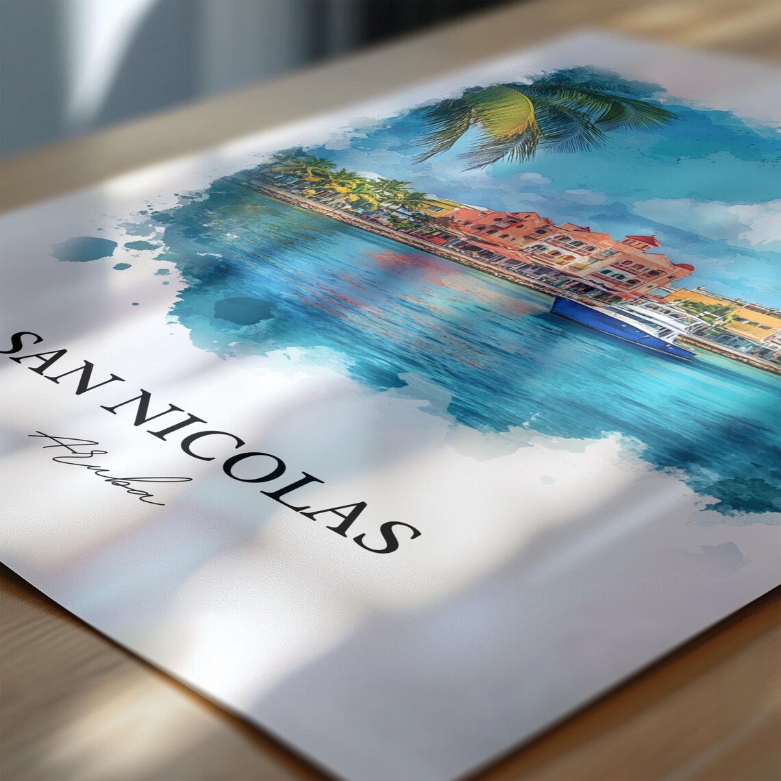 San Nicolas Aruba Watercolor Harbor Boat Waterfront Scene Poster - Image 6