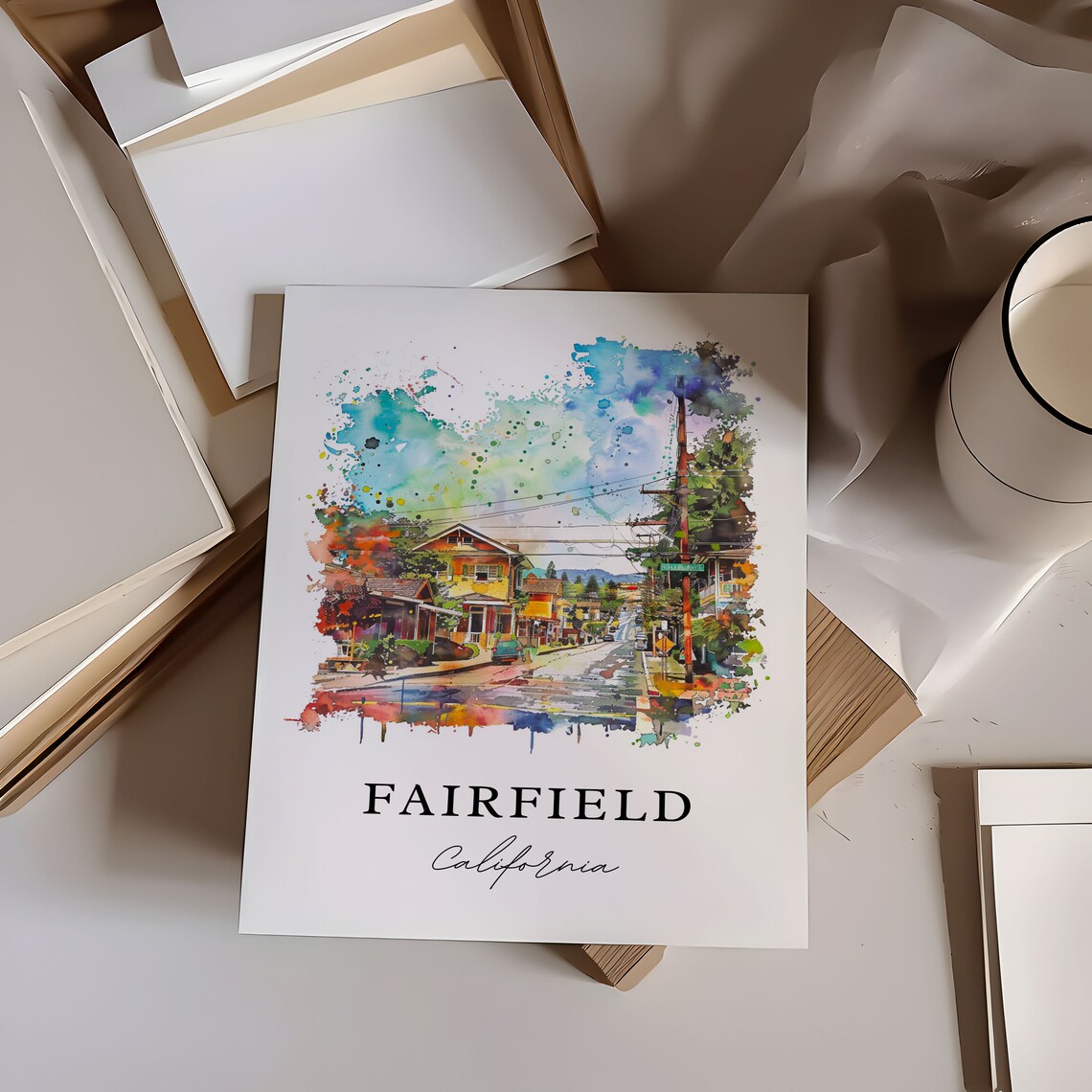 Fairfield California Watercolor Colorful Street Houses Scene Poster - Image 6