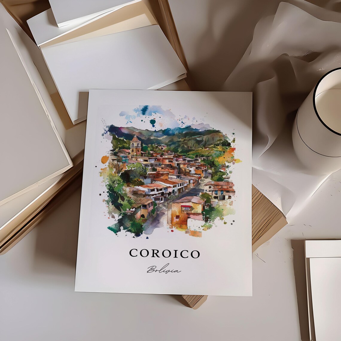 Coroico Bolivia Watercolor Hillside Town Church Scene Poster - Image 5