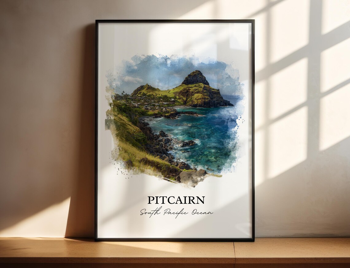Pitcairn South Pacific Island Rocky Coast Watercolor Art Poster