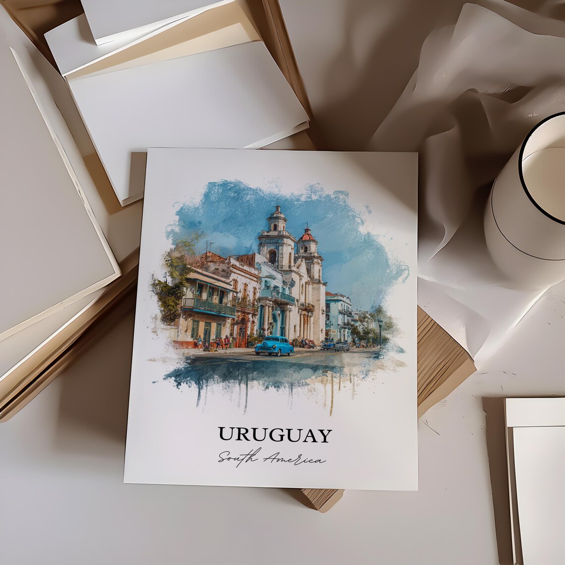 Uruguay South America Colonial Street Classic Cars Watercolor Poster - Image 4