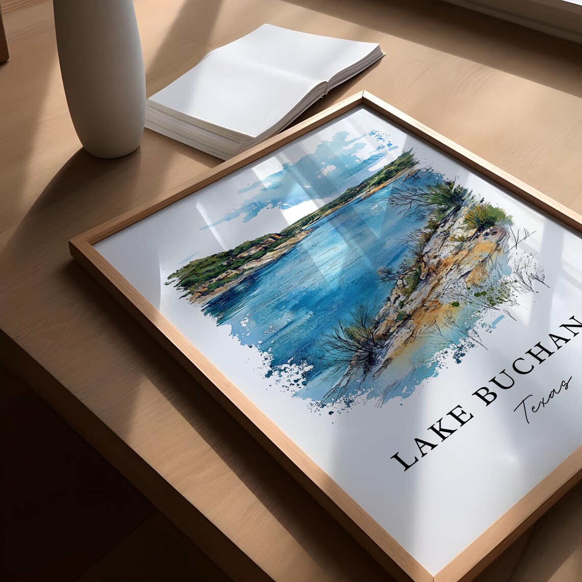 Lake Buchanan Texas Watercolor Rocky Lake Shore Scene Poster - Image 5