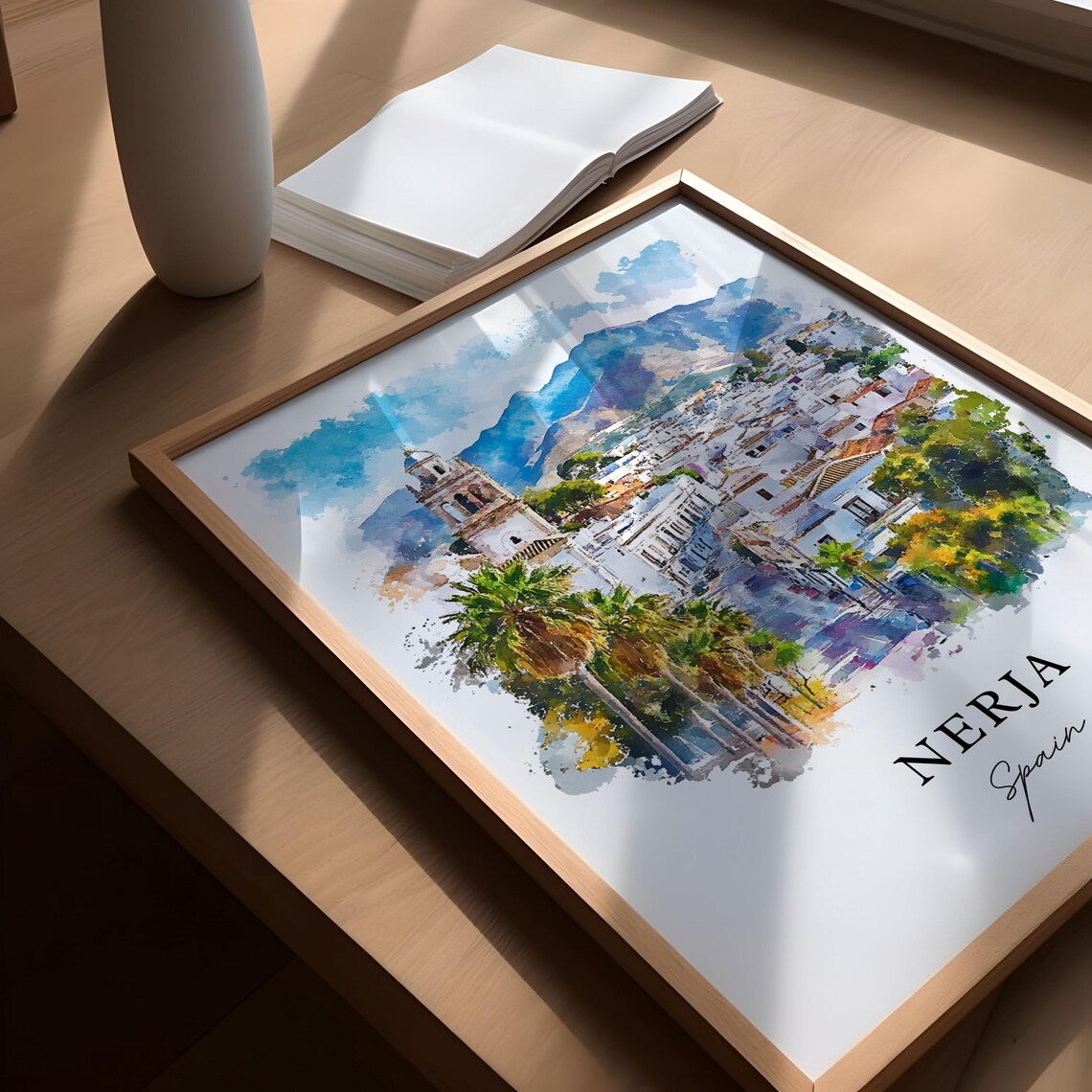 Nerja Spain White Town Watercolor Mountain Street Travel Art Poster - Image 5