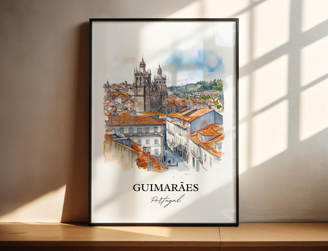 Guimaraes Portugal Watercolor Cathedral Rooftops Old Town Poster