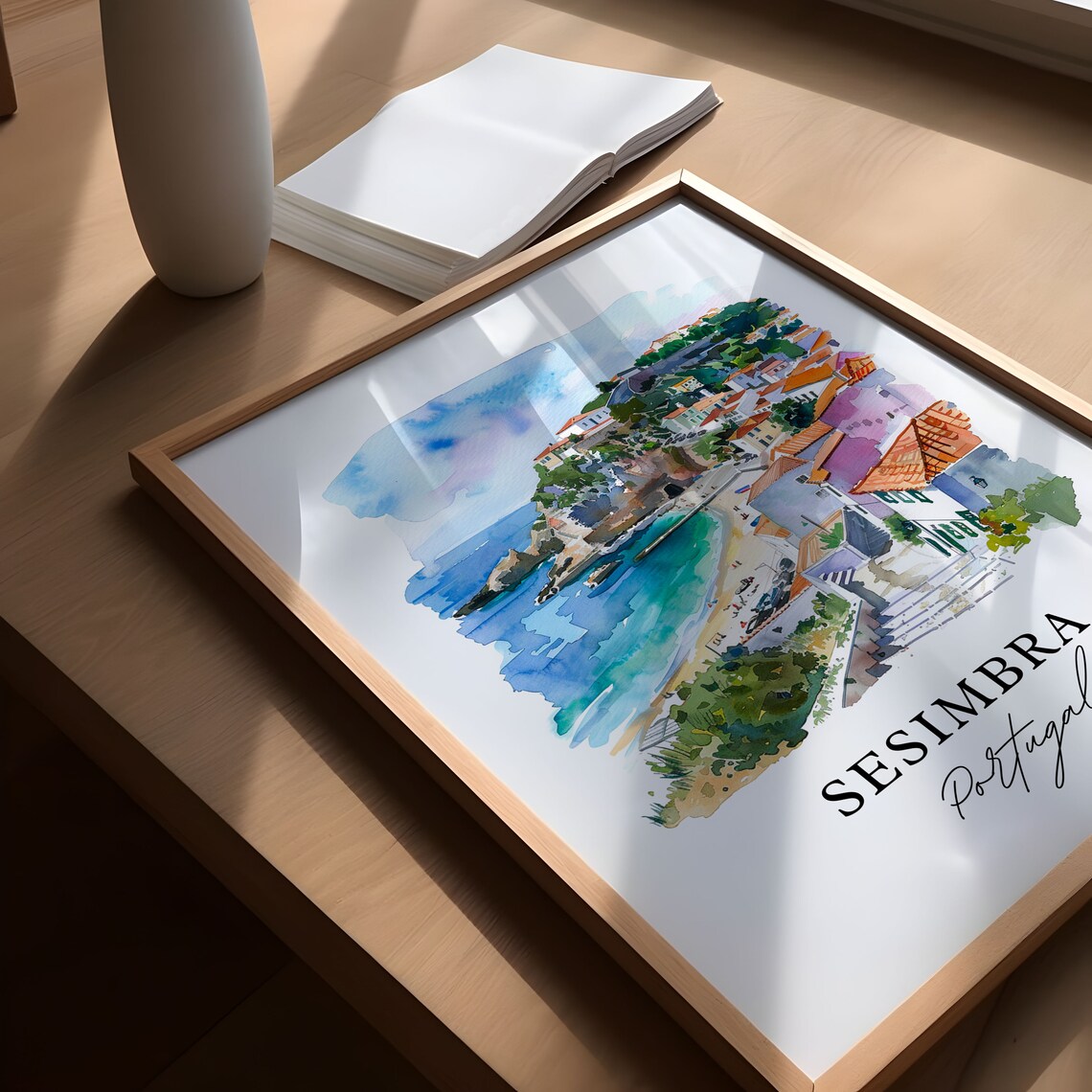 Sesimbra Portugal Coastal Beach Town Watercolor Cliffside Poster - Image 5