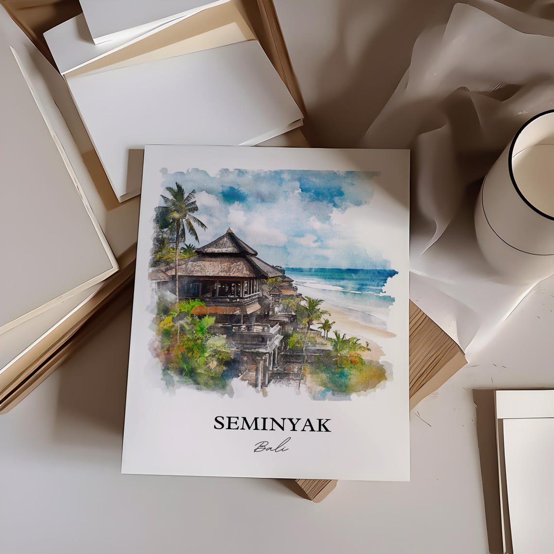 Seminyak Bali Watercolor Beach Temple Ocean Sunset Coast Poster - Image 3