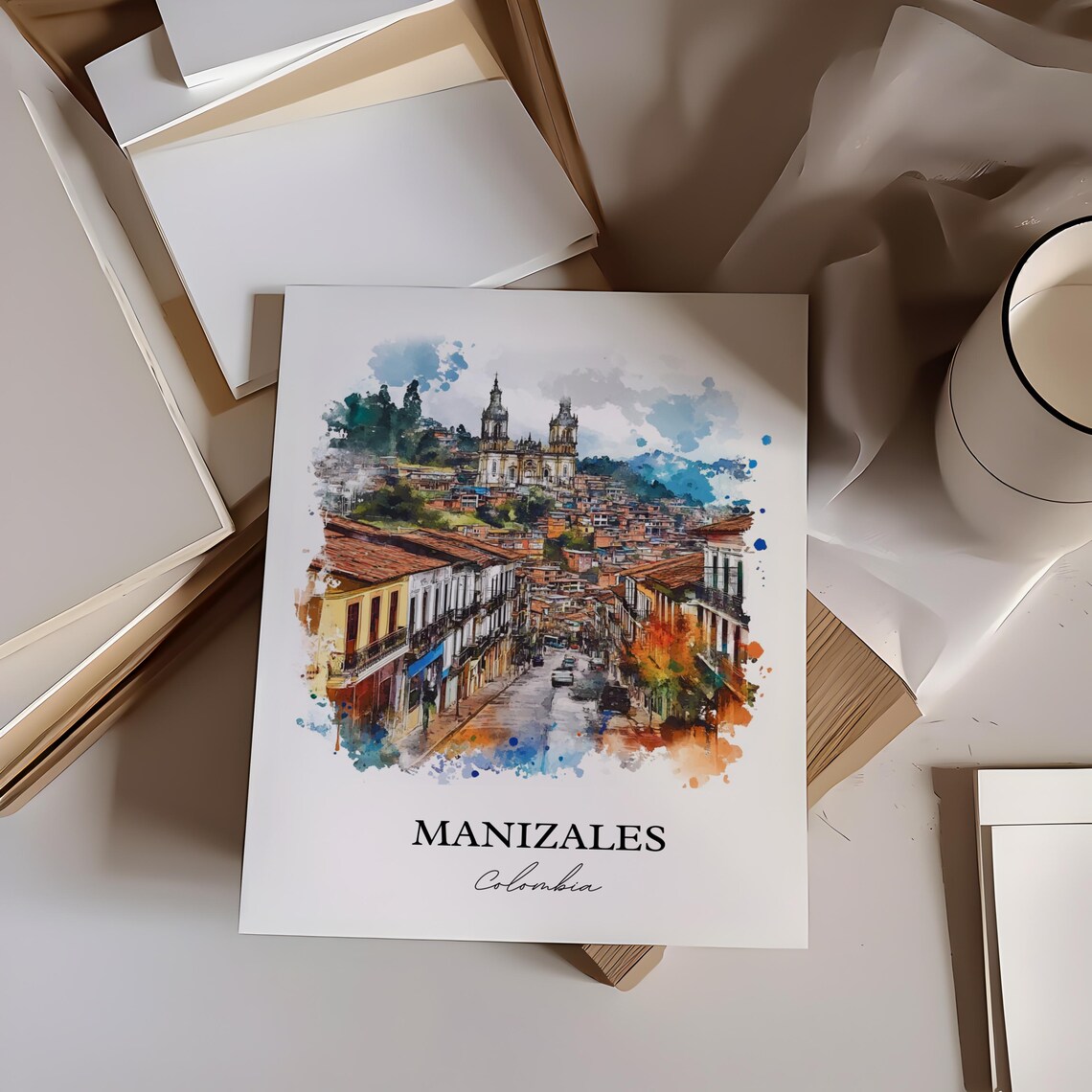 Manizales Colombia Hillside City Cathedral Travel Watercolor Poster - Image 5