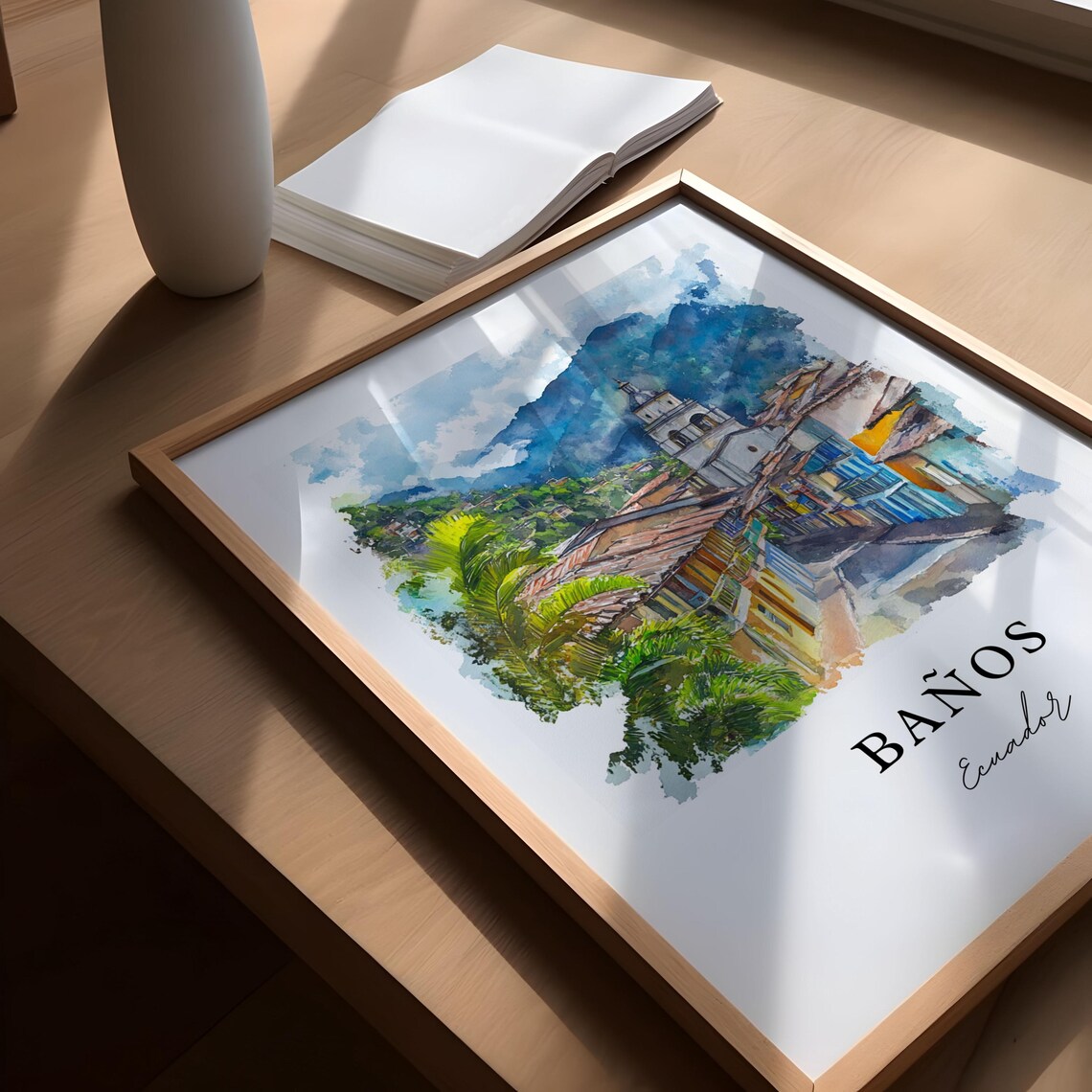 Baños Ecuador Watercolor Mountain Town Church Street Art Poster - Image 6