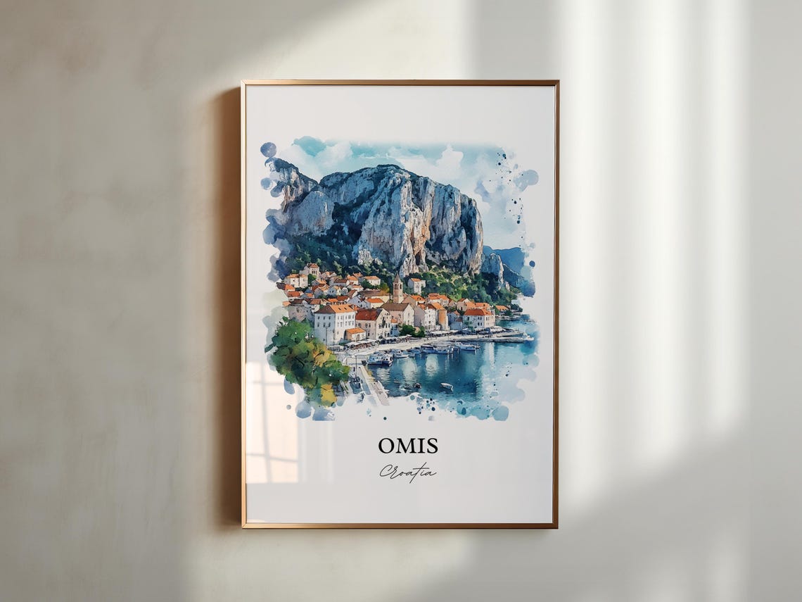 Omis Croatia Mountain Backed Coastal Harbor Watercolor Poster - Image 4