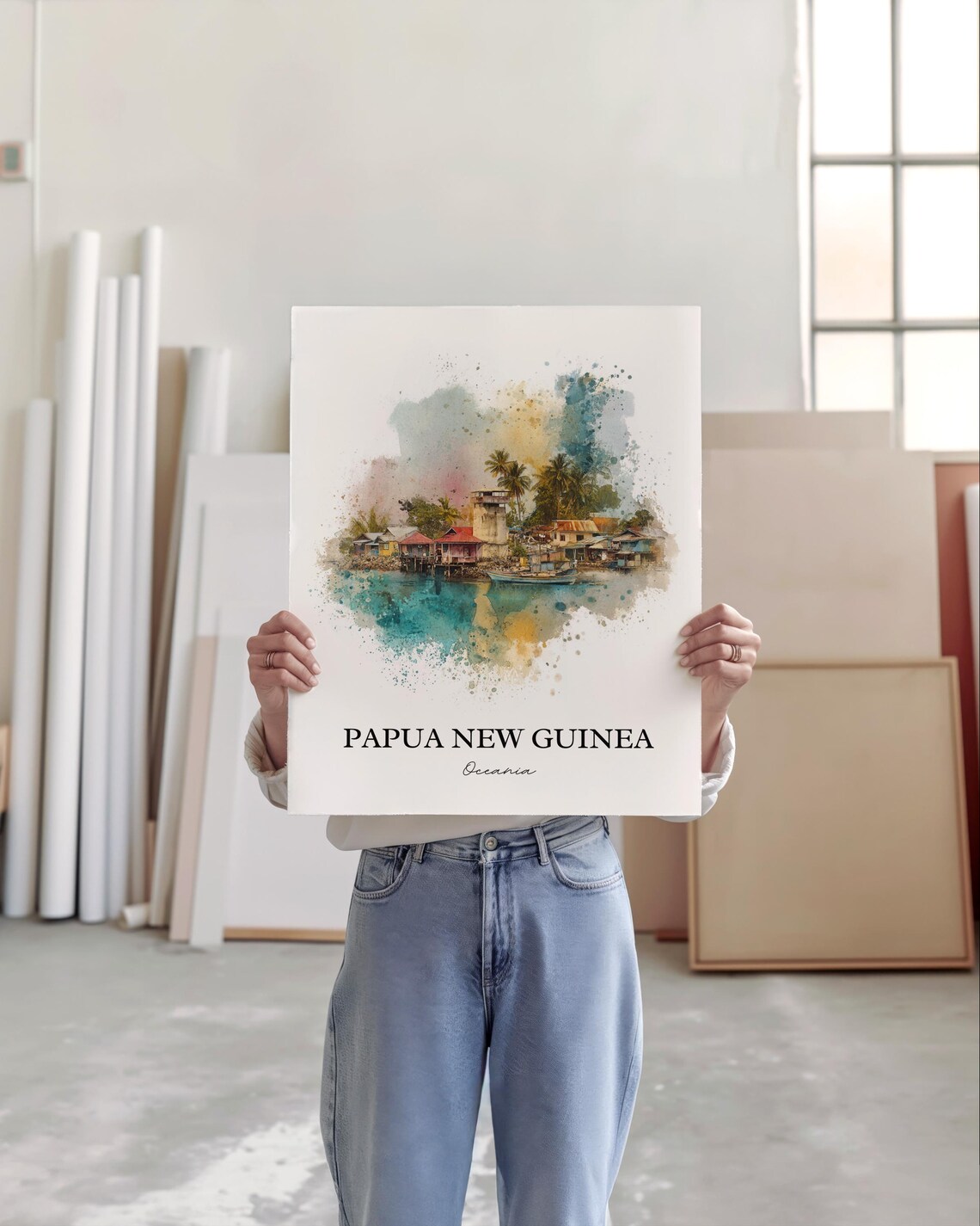 Papua New Guinea Oceania Coastal Village Watercolor Art Poster - Image 5