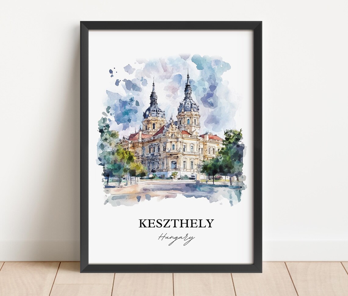 Keszthely Hungary Watercolor Ornate Twin Spired Landmark View Poster - Image 3