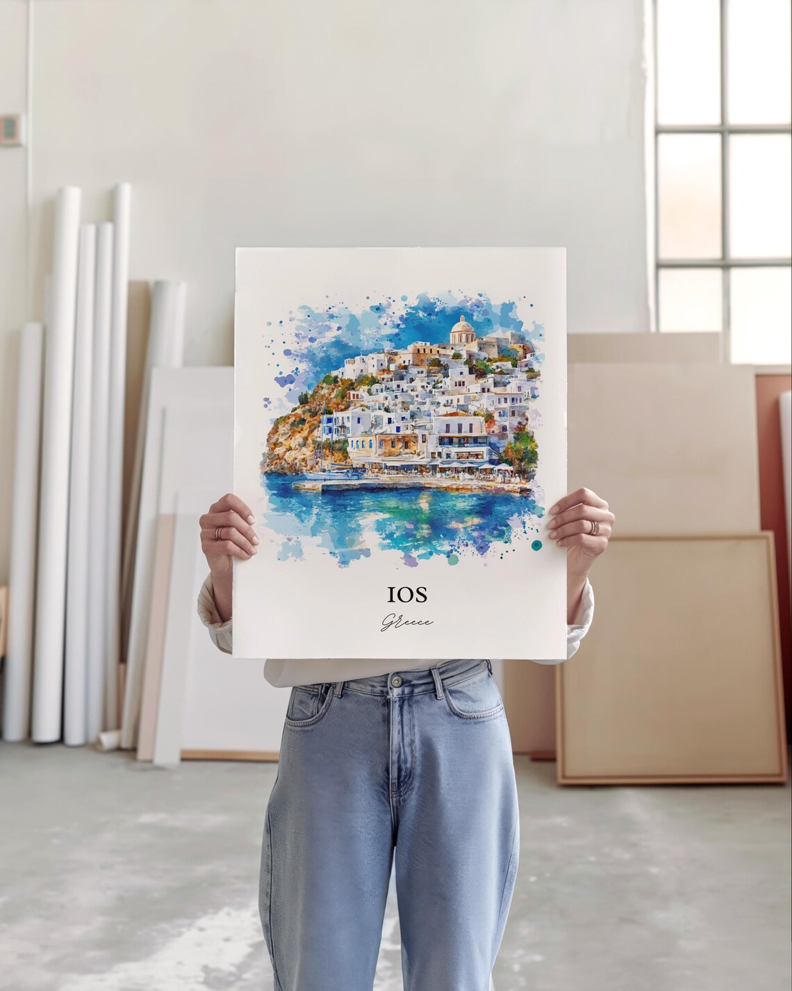 Ios Greece White Village Blue Harbor Watercolor Travel Poster - Image 2