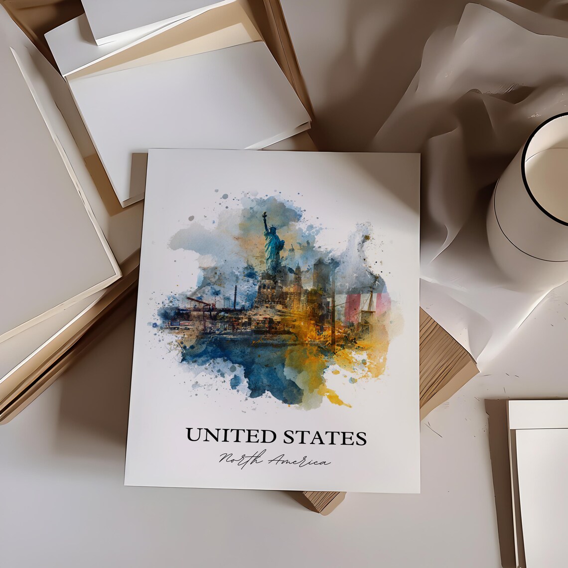 United States Statue of Liberty Skyline Watercolor Art Poster - Image 2