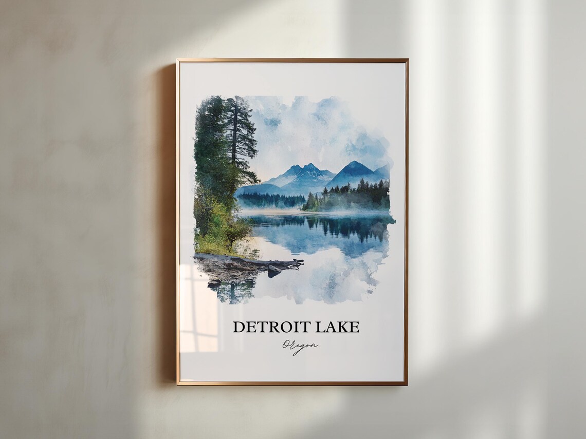 Detroit Lake Oregon Misty Mountain Lake Watercolor Travel Poster - Image 5