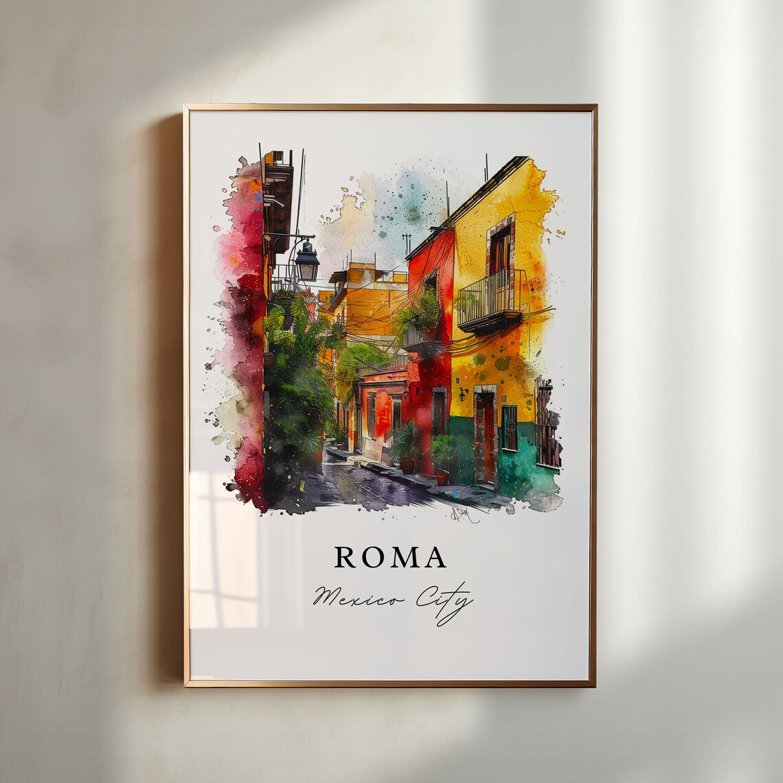 Roma Mexico City Cobblestone Colonial Street Watercolor Poster