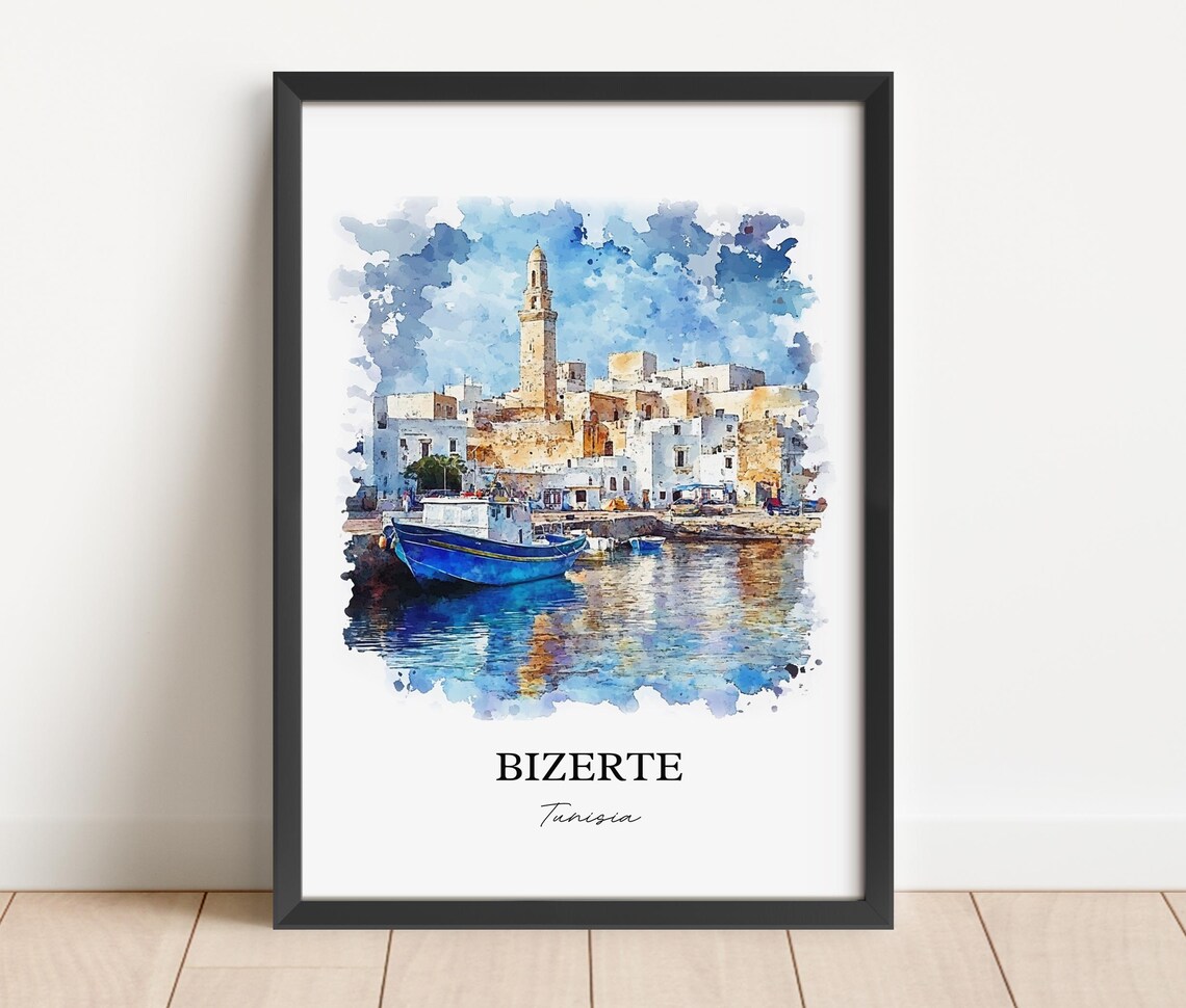 Bizerte Tunisia Old Harbor Fishing Boats Watercolor Travel Poster - Image 2