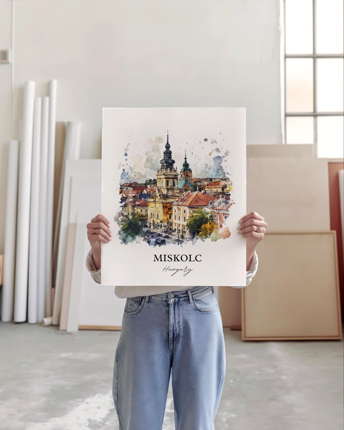 Miskolc Hungary Watercolor Church Towers Old Town Cityscape Poster - Image 2