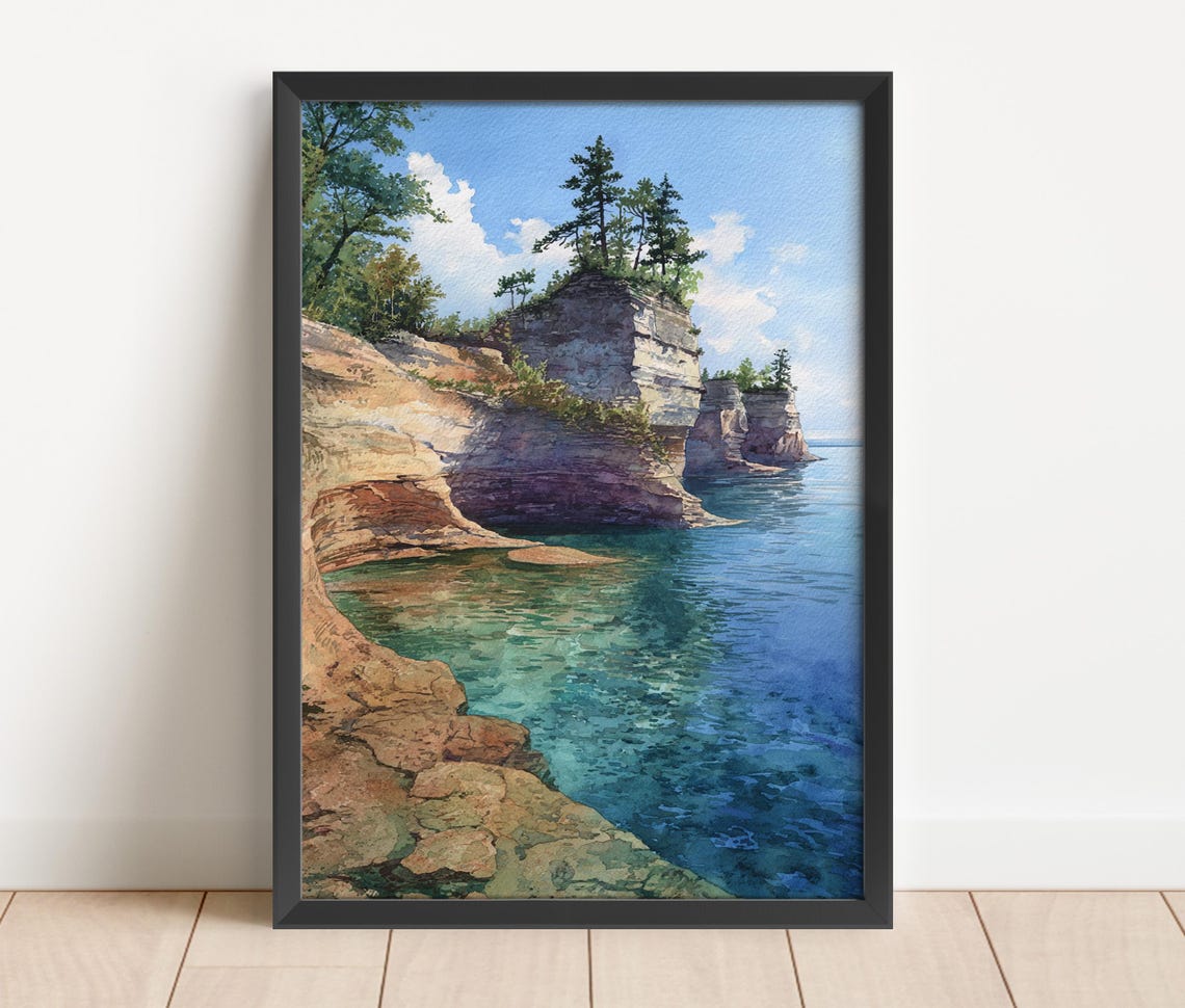 Pictured Rocks National Lakeshore Cliffs Watercolor Art Poster