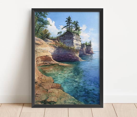 Pictured Rocks National Lakeshore Cliffs Watercolor Art Poster
