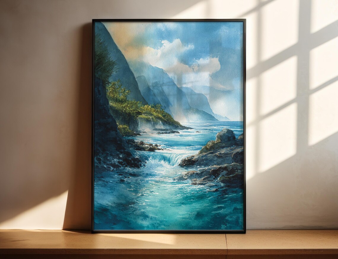 Misty Coastal Waterfall Watercolor Poster Ocean Cliffs Lush Green Artwork