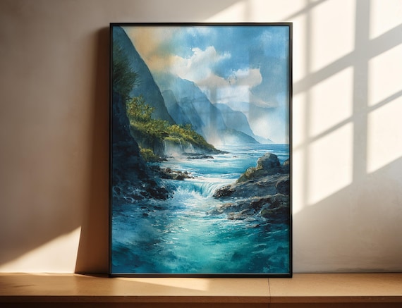 Misty Coastal Waterfall Watercolor Poster Ocean Cliffs Lush Green Artwork