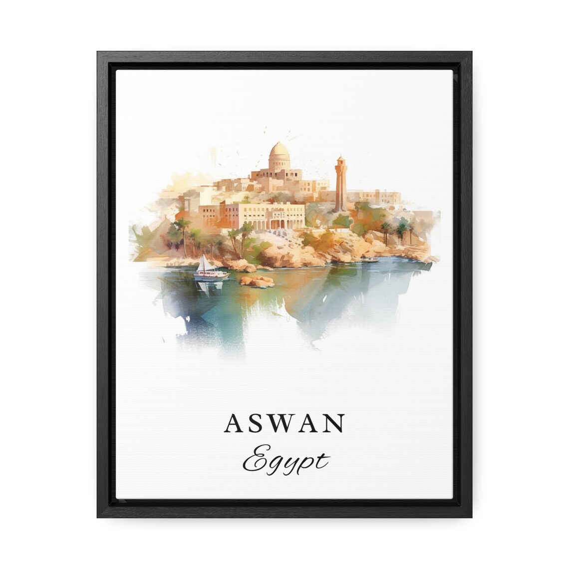 Aswan Egypt Watercolor Nile River Felucca City Skyline Poster - Image 2