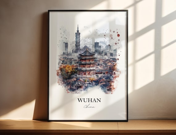 Wuhan China Yellow Crane Tower Skyline Watercolor Travel Poster